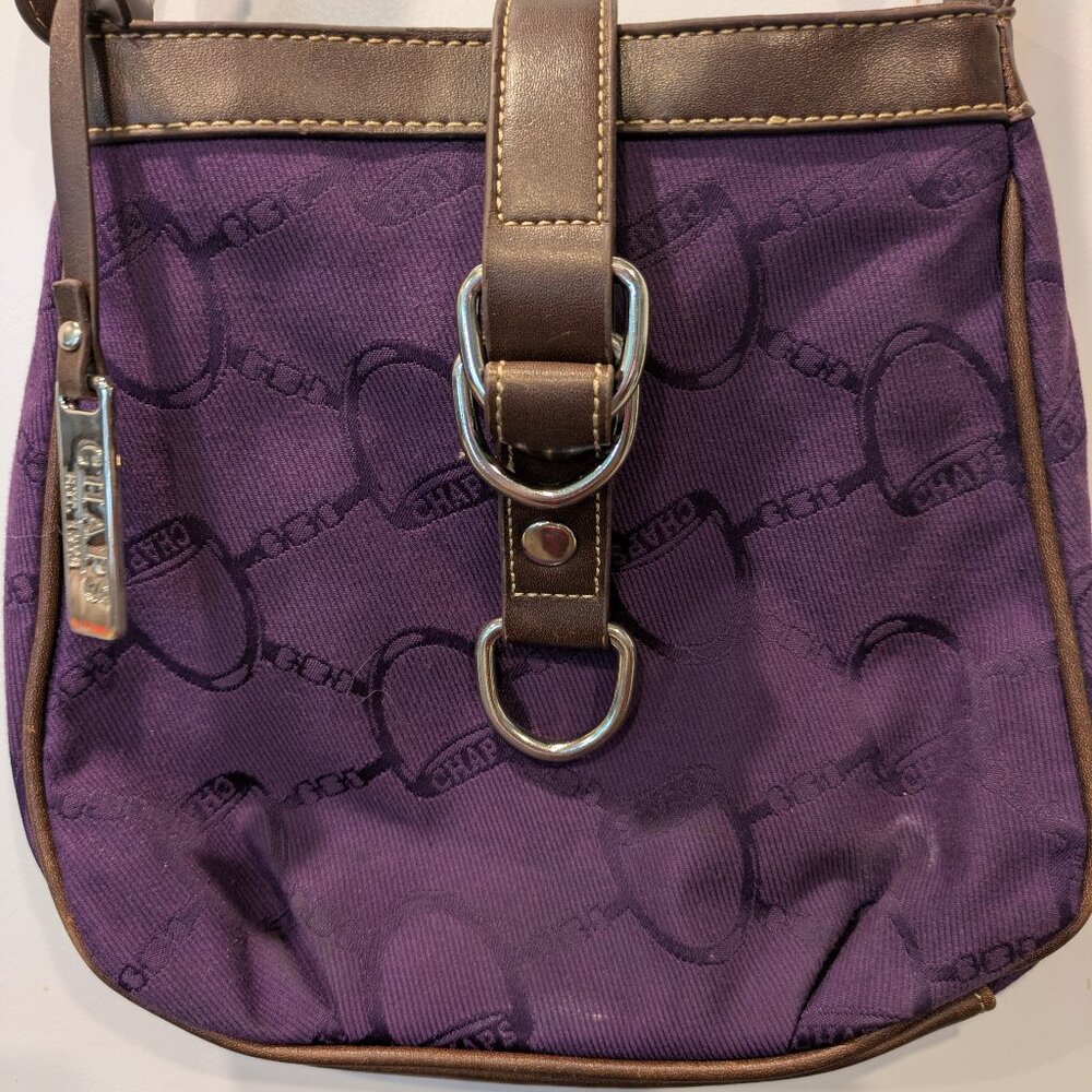 purple Chaps Ralph Lauren crossbody shoulder bag with a brown strap.